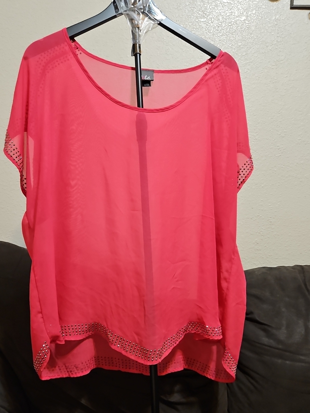 Dots Coral Sheer Short Sleeve Overlay Top with Stud Accents